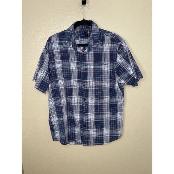 RVCA Mens‎ Blue Shirt Large short sleeve button up cotton collared plaid - Picture 1 of 7